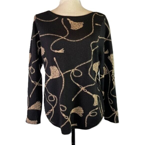 Chico's Black Gold Metallic Rope Design Sweater Size M Bateau Neck Long Sleeves - Picture 1 of 11